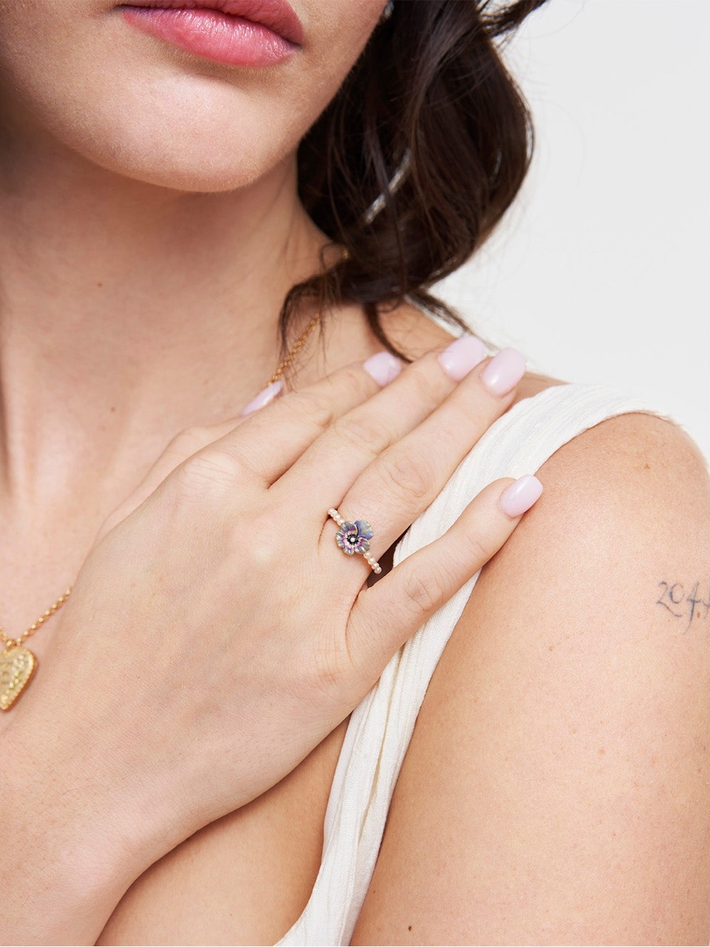 Gold Pansy & Pearl Ring by Fable England